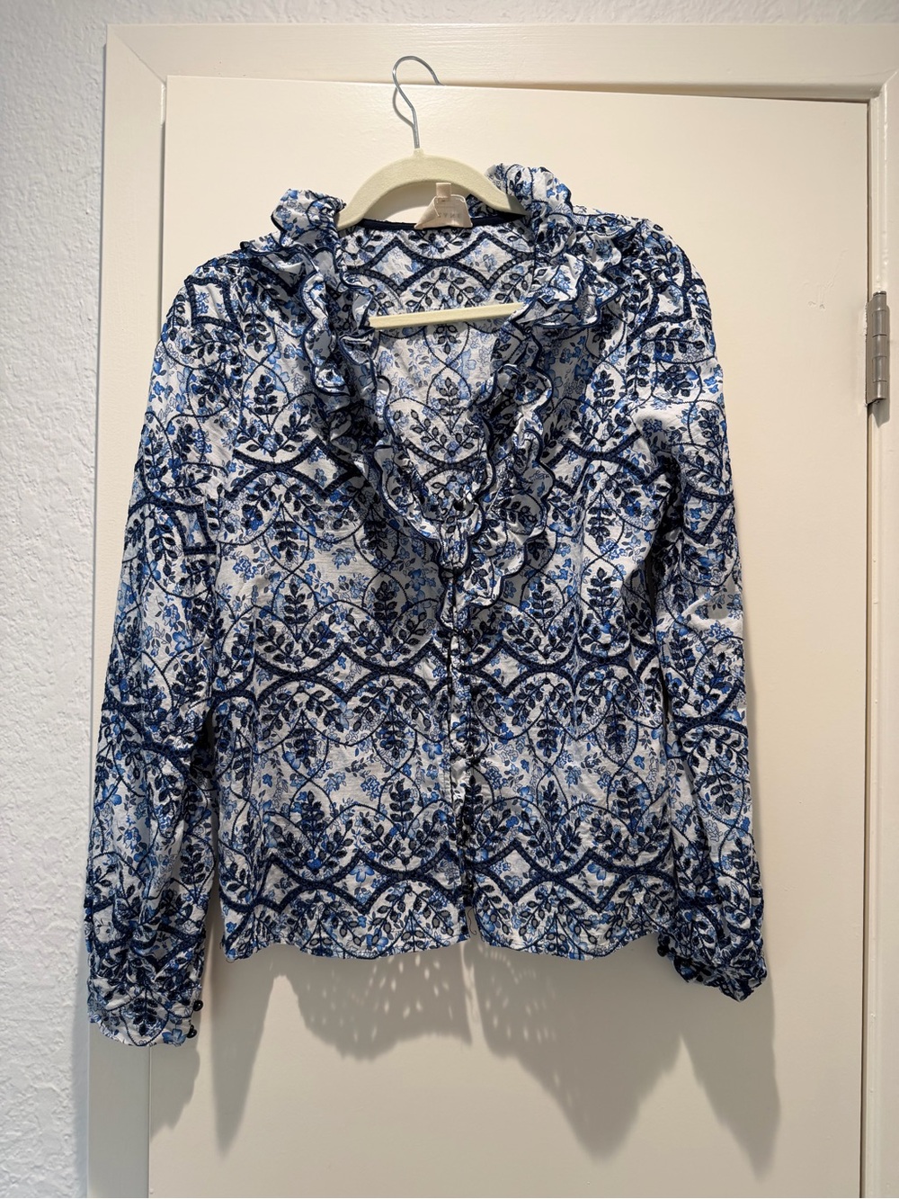 Sezane Blue & White Ruffled Floral-Eyelet Blouse